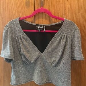Hell Bunny Gray Crop Fitted Blouse with Short Sleeves